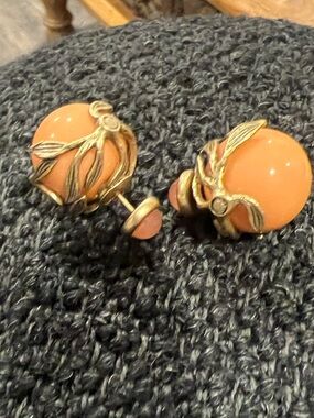 Dior Coral Ball Stud Earrings with Gold Leaf Accents